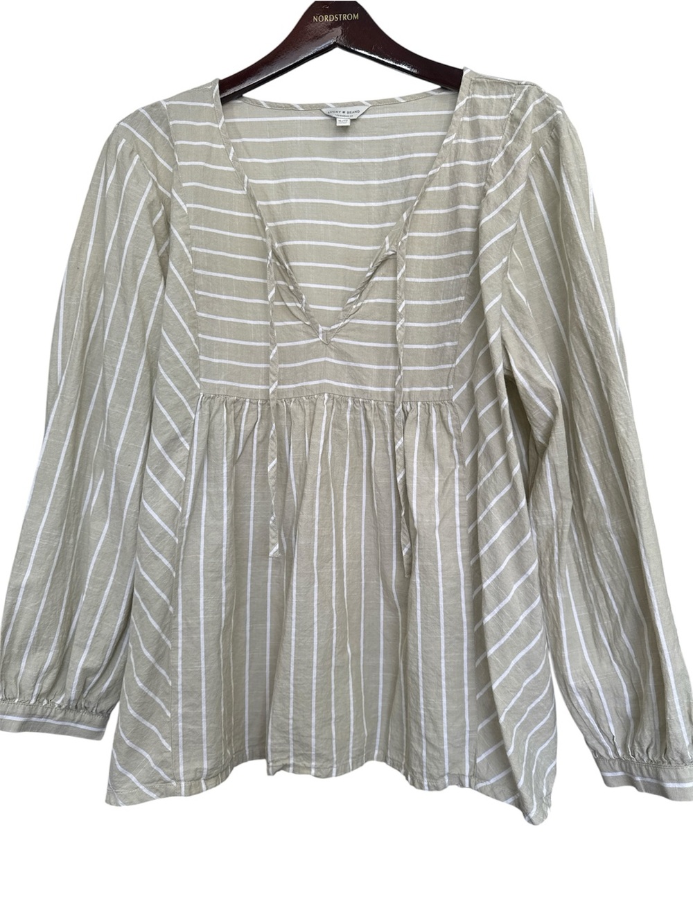 Lucky Brand Beige and White Striped V-Neck Peasant Tunic